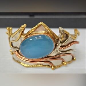 Vintage Brutalist Metalwork Cuff Bracelet Abstract Chalcedony Stone Mixed Media